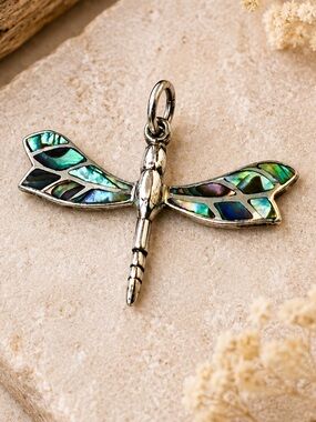 Sterling Silver Abalone Dragonfly Pendant 925 Iridescent Shell Inlay Nature